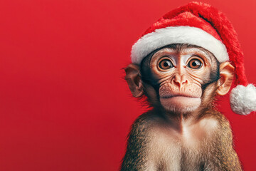 Cute little monkey wearing a Santa hat against a red background, creating a cute and festive Christmas holiday-themed image.