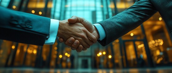 Two business people shake hands in front of an office building.