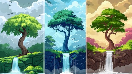 Wall Mural - Three Seasons: A Waterfall and a Tree