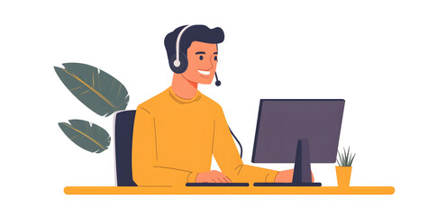 Canvas Print - Young man working in customer service wearing a headset flat illustration isolated on background