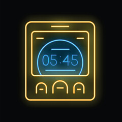 Poster - Glowing neon line alarm clock app smartphone interface icon isolated on black background