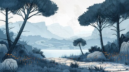 Wall Mural - A Serene Landscape in Blue Hues