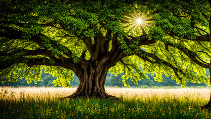 A huge tree with a green natural background, sunlight shining through the branches, and lush greenery