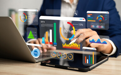 Fototapete - Analyst utilizing technology and dashboard with charts data science and Big Data technology for business, Strategic data management system with KPI organization performance with technology and metrics