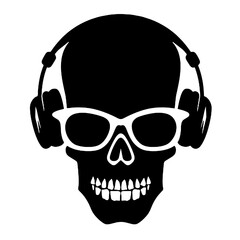 Modern Skull Wearing Headphones and Glasses Silhouette Vector Illustration Transparent Background