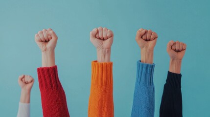 Diverse group of raised fists in colorful sleeves symbolizing unity, strength, and empowerment against a blue background.