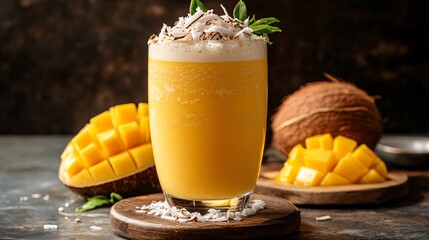 Poster - Fresh mango and coconut smoothie in a glass topped with coconut flakes and a mint leaf.