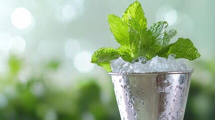 Poster - Fresh mint leaves in a silver cup with ice, close up.