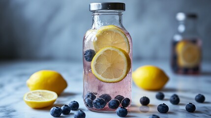 Wall Mural - Glass bottle of refreshing lemonade with blueberries and lemon slices.