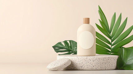 A minimalist beauty product display featuring an elegant bottle and natural elements, including tropical leaves, on a light-colored background, emphasizing simplicity and luxury.