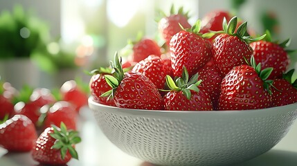 Wall Mural - Red strawberries glisten in a white bowl, a vibrant touch on a tabletop.