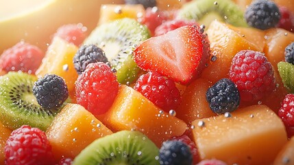 Kiwi, melon, raspberries, and blackberries blend in a refreshing fruit salad.