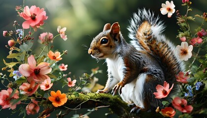 Wall Mural - Whimsical Garden Retreat for Squirrels Surrounded by Vibrant Blossoms