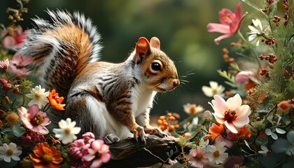 Wall Mural - Whimsical Garden Retreat for Squirrels Surrounded by Vibrant Blossoms