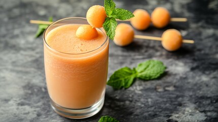 Sticker - Glass of melon smoothie garnished with melon balls and mint on a dark gray surface.