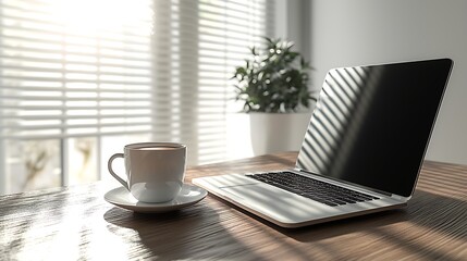 A modern home office setup includes a laptop, coffee cup, and sunlight streaming through window blinds.