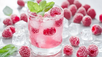 Wall Mural - Glass of pink lemonade with raspberries and mint, surrounded by ice cubes and fresh raspberries on white background.