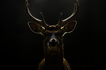 A moody image of a deer with antlers emerging from darkness showing a strong and mysterious animal presence in the wild