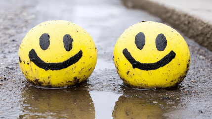 Two vibrant yellow smiley balls sit in a puddle on a rainy day, their cheerful expressions contrasting with the dreary surroundings of a wet sidewalk. Generative AI