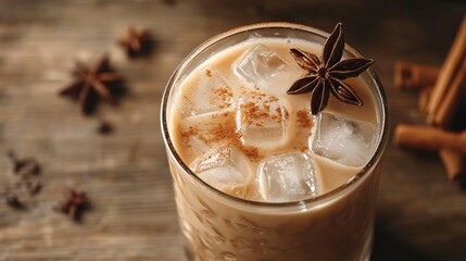 Sticker - Iced coffee with star anise and cinnamon in a glass on a wooden table.