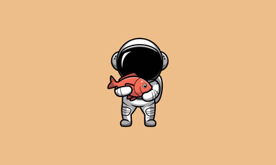 Wall Mural - Cartoon astronaut holding a blue fish in both hands.