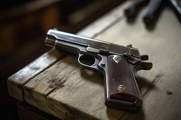 A detailed close-up of a handgun resting on a rustic wooden table, highlighting craftsmanship and ruggedness.