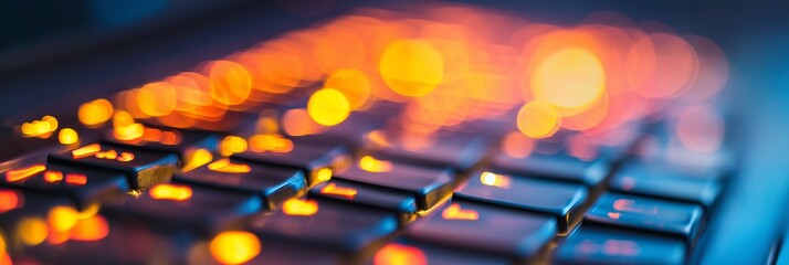 A close-up of a keyboard with illuminated keys creates a futuristic ambiance as defocused lights glow in the background.