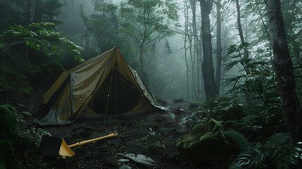 in a misted forest a camp tent and a garden trowel