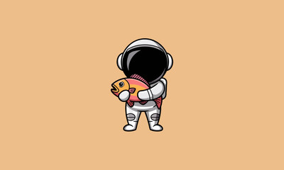 Wall Mural - Cartoon astronaut holding a blue fish in both hands.