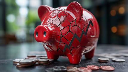 Cracked Piggy Bank with Coins and Falling Graph