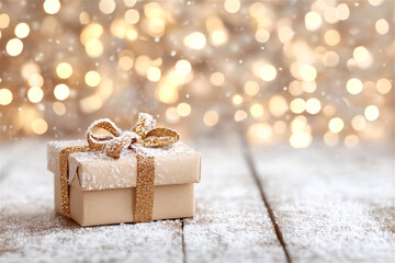 Wall Mural - Christmas gift with a gold ribbon is sitting on a snow-covered wooden surface with golden bokeh lights in the background