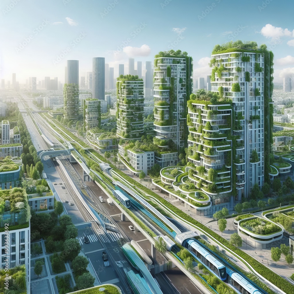 A modern smart city featuring tall buildings with green roofs ...