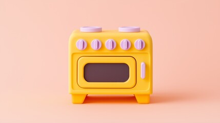 Bright yellow toy kitchen oven with knobs on a light pink background, perfect for imaginative play and children's activities.