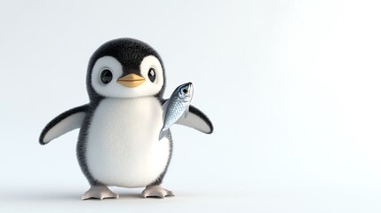 Wall Mural - Cute cartoon penguin holding a fish on a white background.