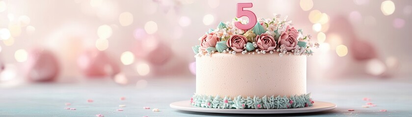 Wall Mural - Birthday Cake with Flowers and Number Five Candle.