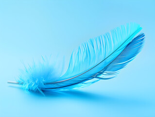 A single blue feather rests delicately against a soft sky blue background in v6 style.