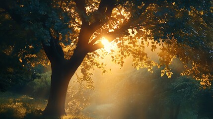 Wall Mural - a lone tree silhouetted against a warm, golden sunrise, with sunbeams filtering through its leaves.
