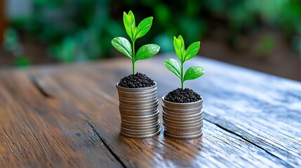 A green plant sprouts from a stack of coins, representing financial growth in a simple yet powerful concept.