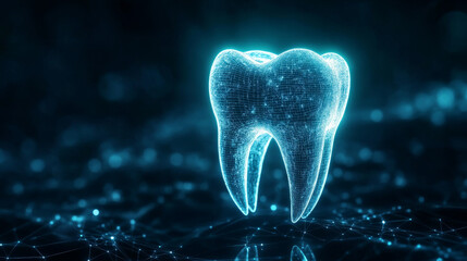 A glowing, holographic tooth shines brightly, representing the future of dental care. This image symbolizes advancements in technology, oral health, and dental prosthetics.