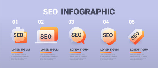 Five step SEO optimization infographic. Glass morphism vector template