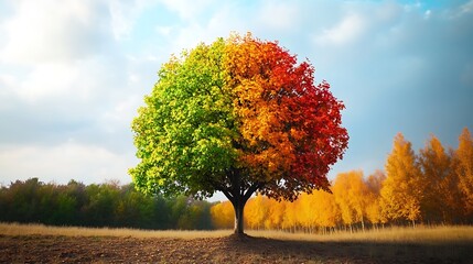 Canvas Print - A single tree with green and orange leaves stands out against a backdrop of golden trees and a blue sky.