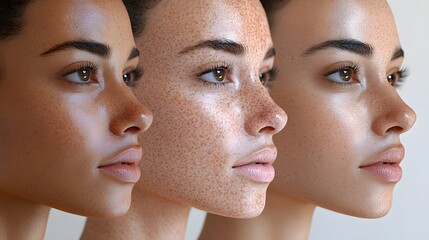 Melasma facial treatment progress, showcasing pigmentation fading and smoother skin, side-by-side comparison, Realistic 3D Render, Neutral Tones