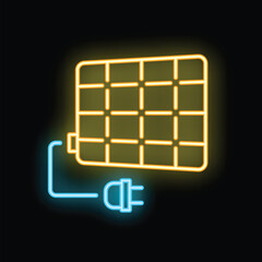 Canvas Print - Neon solar panel generating electricity with plug icon on black background