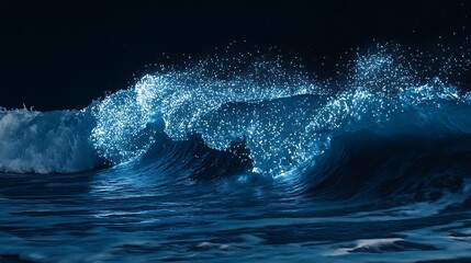 A wave breaking in the dark ocean, with a glowing blue light effect.