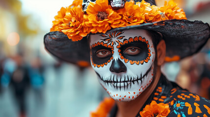 man with black and white face paint, wearing hat decorated in orange flowers and skulls, standing on street during halloween festival