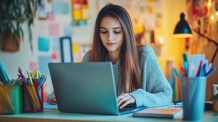 Canvas Print - A focused young woman works on a laptop at a colorful study desk filled with stationery and creative materials in a cozy environment.