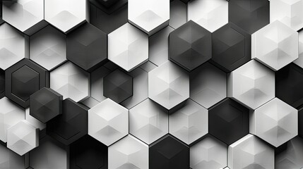 Geometric abstract background with hexagonal mosaic in various shades of black and white, from light to dark, gradient effect. The hexagons are arranged symmetrically, with clear edges