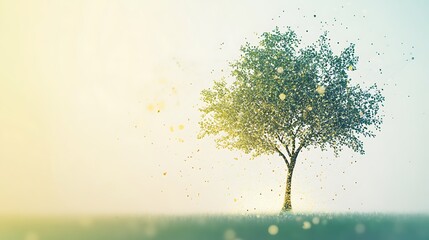 Sticker - A single tree stands tall in a field, bathed in warm sunlight and surrounded by shimmering particles.