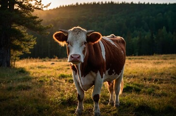 a close up portrait of a white and brown domestic cow standing in a rural meadow field livestock. bl