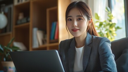 Wall Mural - A professional woman sits at a laptop, smiling, in a cozy office setting surrounded by plants and books.